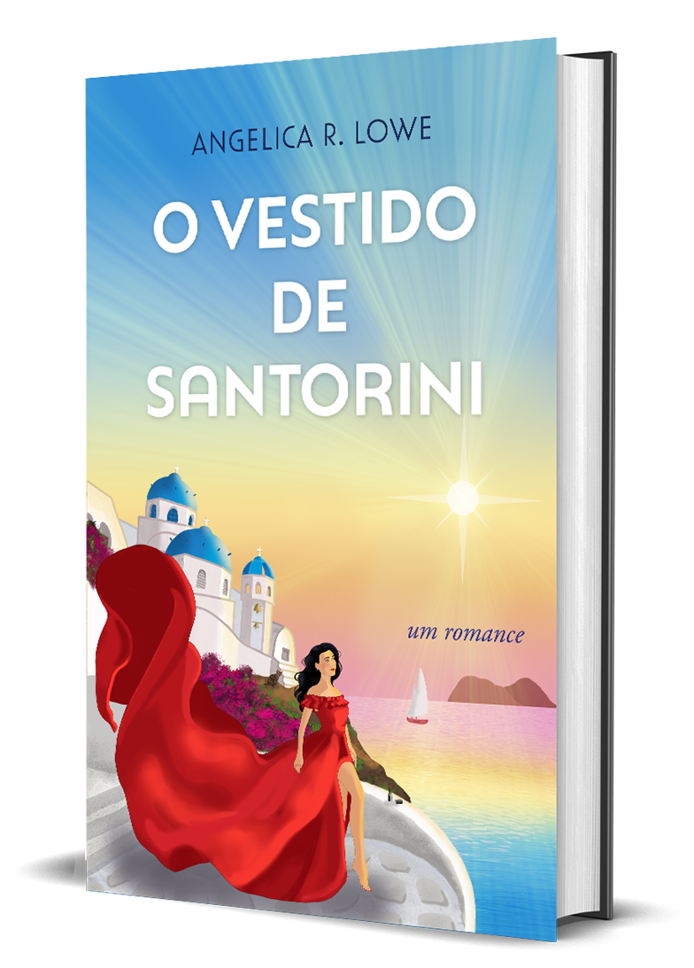A imagem na capa do livro é de uma mulher de vestido vermelho olhando para o mar enquanto o sol se põe.